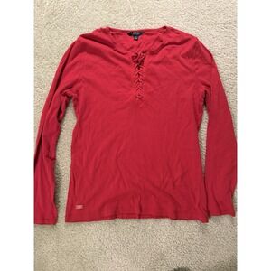 Women's Lauren Ralph Lauren Red long sleeve shirt with 1/4 tie ups, size XL